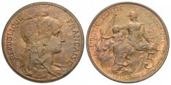 World Coins - France, Third Republic. 1900. 5 centimes. Choice AU.
