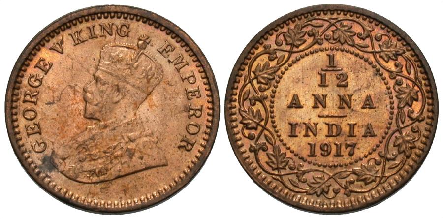 World Coins - British India. George V. 1917-(c). 1/12 anna. BU.