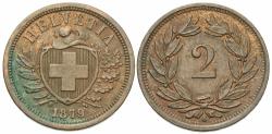 World Coins - Switzerland. 1879-B. 2 rappen. AU, brown with light deposits.