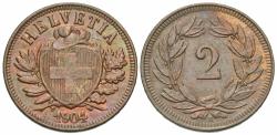World Coins - Switzerland. 1904-B. 2 rappen. Unc, shellac residue on shield. Low mintage.