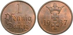 World Coins - Danzig. 1937. 1 pfennig. Choice Unc., red and brown.