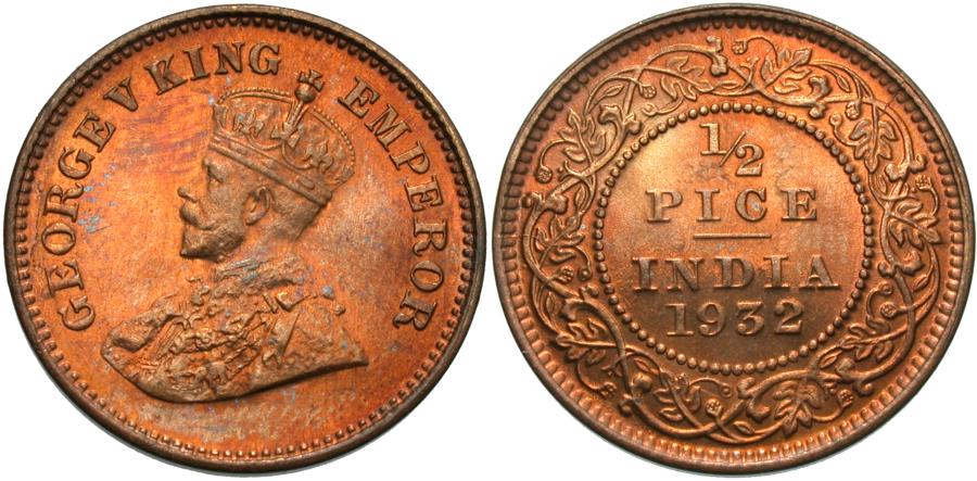 World Coins - British India. George V. 1932. 1/2 pice. Gem BU.