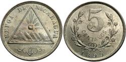 World Coins - Nicaragua. 1899. 5 centavos. Choice BU, vibrant luster and a gentle tone. Scarce one-year type.