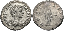 Ancient Coins - Geta. As Caesar, A.D. 198-209. AR denarius. Rome, under Septimius Severus and Caracalla, A.D. 200-205. Good VF/VF, minor porosity.