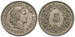 World Coins - Switzerland, Confederation. 1891-B. 5 rappen. Choice AU.