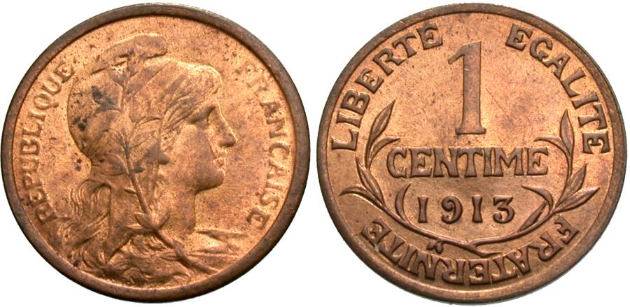 World Coins - France, Third Republic. 1913. 1 centime. Choice BU.