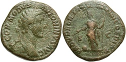 Ancient Coins - Commodus. A.D. 177-192. Æ sestertius. Rome, A.D. 181. Fine, green and brown patina, some roughness.