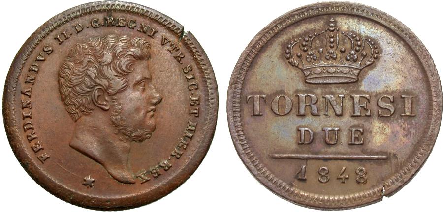World Coins - Italian States, Naples. Ferdinando II. 1848. 2 tornese. EF.