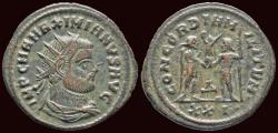 Ancient Coins - Maximianus Herculius AE antoninianus emperor accepting Victory on globe