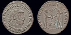 Ancient Coins - Diocletian AE antoninianus emperor receiving Victory on globe from Jupiter