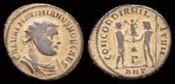 Ancient Coins - Maximianus Herculius AE radiate emperor accepting Victory on globe