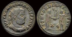 Ancient Coins - Maximianus Herculius AE radiate Jupiter presents Victory on globe