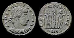 Ancient Coins - Delmatius AE follis two soldiers holding spears and shields