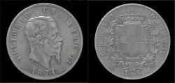 World Coins - Italy Vittorio Emanuele II 5 lire 1874M.