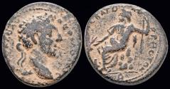 Ancient Coins - Syria Cyrrhestica Cyrrhus Commodus AE23 Zeus Kataibates seated left on rock