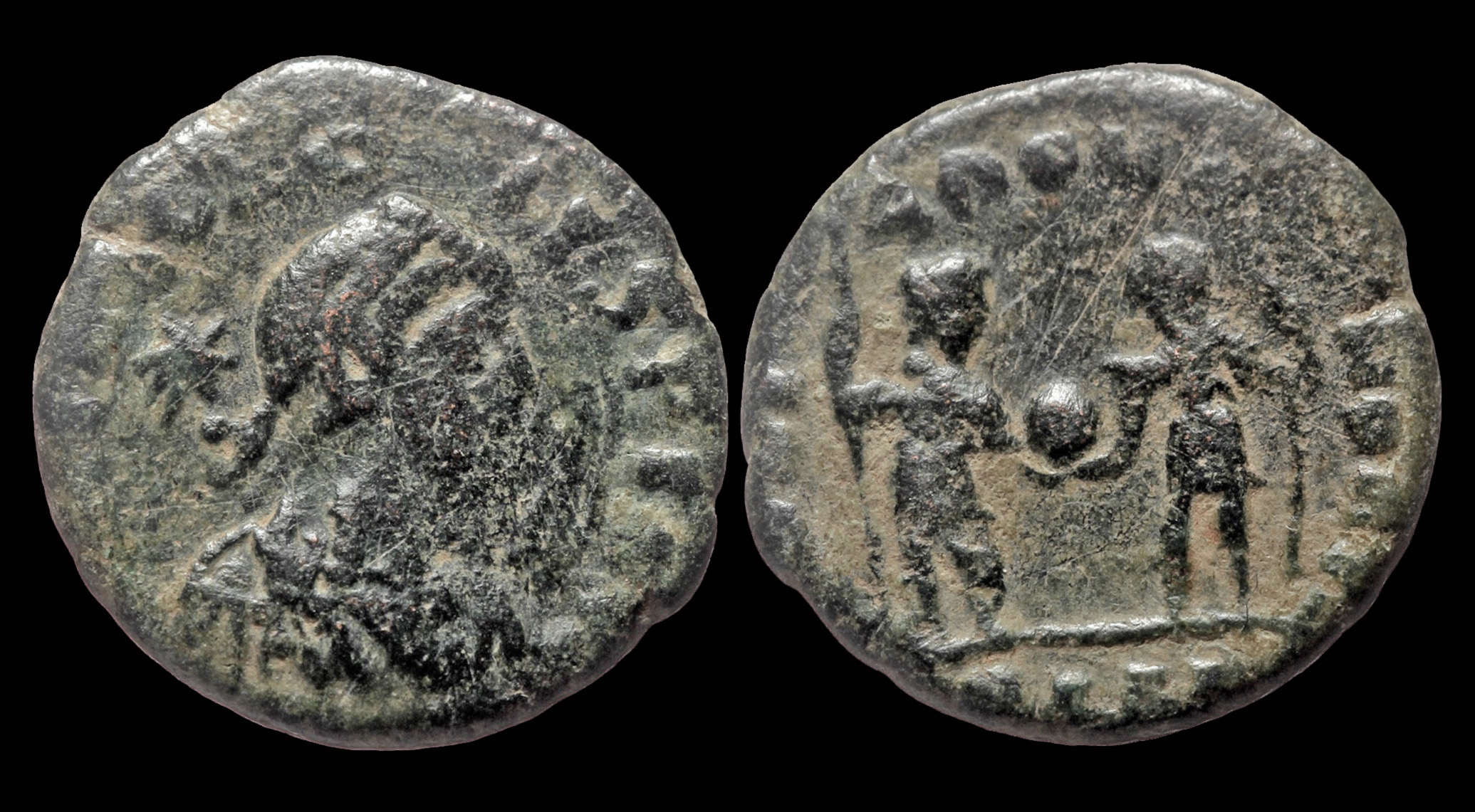 Theodius Math Theodosius II AE nummus Theodosius and Honorius standing facing one another