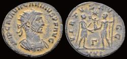 Ancient Coins - Carinus AE antoninianus emperor reciving globe with Victory from Jupiter
