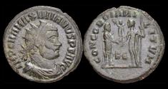 Ancient Coins - Maximianus Herculius AE radiate emperor receiving Victory on globe
