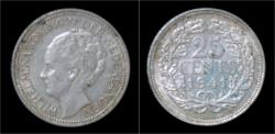 World Coins - Netherlands Wilhelmina I 25 cent 1941