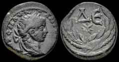 Ancient Coins - Seleucis and Pieria Antioch Elagabalus AE19 text in laurel wreath