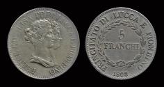 World Coins - Italy Lucca Felix Bacciocchi and Elisa Bonaparte 5 franchi 1808