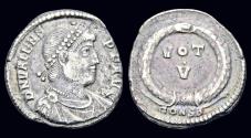 Ancient Coins - Valens AR siliqua text in two lines