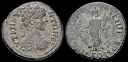 Ancient Coins - Phrygia Peltai Caracalla AE21 Strategos Magistrate Metrobios Fortuna standing