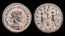 Ancient Coins - Carinus antoninianus Carinus receiving Victory on globe from Jupiter