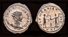 Ancient Coins - Probus billon antoninianus emperor receiving Victory on globe from Jupiter
