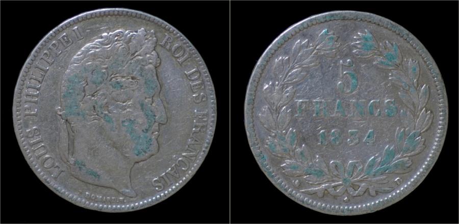 World Coins - France Louis Philippe I 5 francs 1834D.