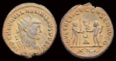 Ancient Coins - Maximianus Herculius, first reign AE radiatus Jupiter facing Hercules