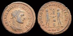 Ancient Coins - Maximianus Herculius AE radiate emperor accepting Victory on globe