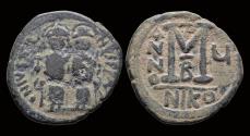 Ancient Coins - Justin II & Sophia AE follis Large M