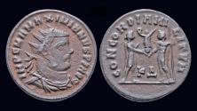 Ancient Coins - Maximianus Herculius AE radiate Jupiter presents Victory on a globe