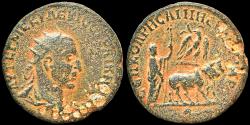 Ancient Coins - Mesopotamia Rhesaena Trajan Decius AE25 priest plowing with two oxen right