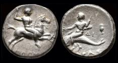 Ancient Coins - Calabria Tarentum AR stater Phalanthos holding distaff and kantharos