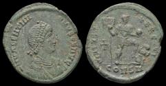 Ancient Coins - Valentinian II AE24 emperor standing right with standard and globe