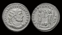 Ancient Coins - Maximianus Herculius AE radiatus Jupiter presents Victory on a globe