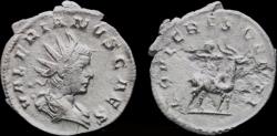 Ancient Coins - Valerian II AR antoninianus Jupiter sitting on Amalthea