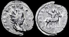 Ancient Coins - Valerian II AR antoninianus Jupiter sitting on Amalthea