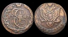 World Coins - Russia Ekaterina II Velikaya (the Great) Cu 5 kopeks 1783(50,24 gram- 42 mm!)