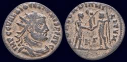 Ancient Coins - Diocletian AE antoninianus emperor receiving Victory on globe from Jupiter