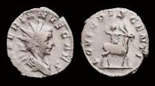 Ancient Coins - Valerian II AR antoninianus Jupiter sitting on Amalthea