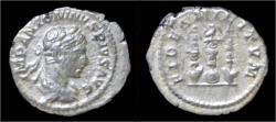 Ancient Coins - Elagabalus AR denarius legionary eagle between two standards