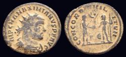 Ancient Coins - Maximianus Herculius AE radiate Jupiter presents Victory on globe