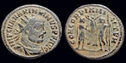 Ancient Coins - Maximianus AE radiate Jupiter presents Victory on globe