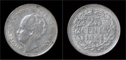 World Coins - Netherlands Wilhelmina I 25 cent 1941