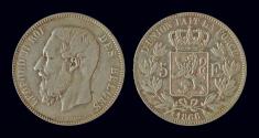 World Coins - Belgium Leopold II 5 frank 1866 punt- mintage unknown