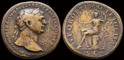 Ancient Coins - Trajan AE sestertius Roma seated to left