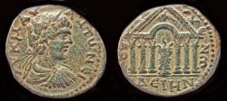 Ancient Coins - Syria Decapolis Dium Caracalla AE24 altar within hexastylle temple